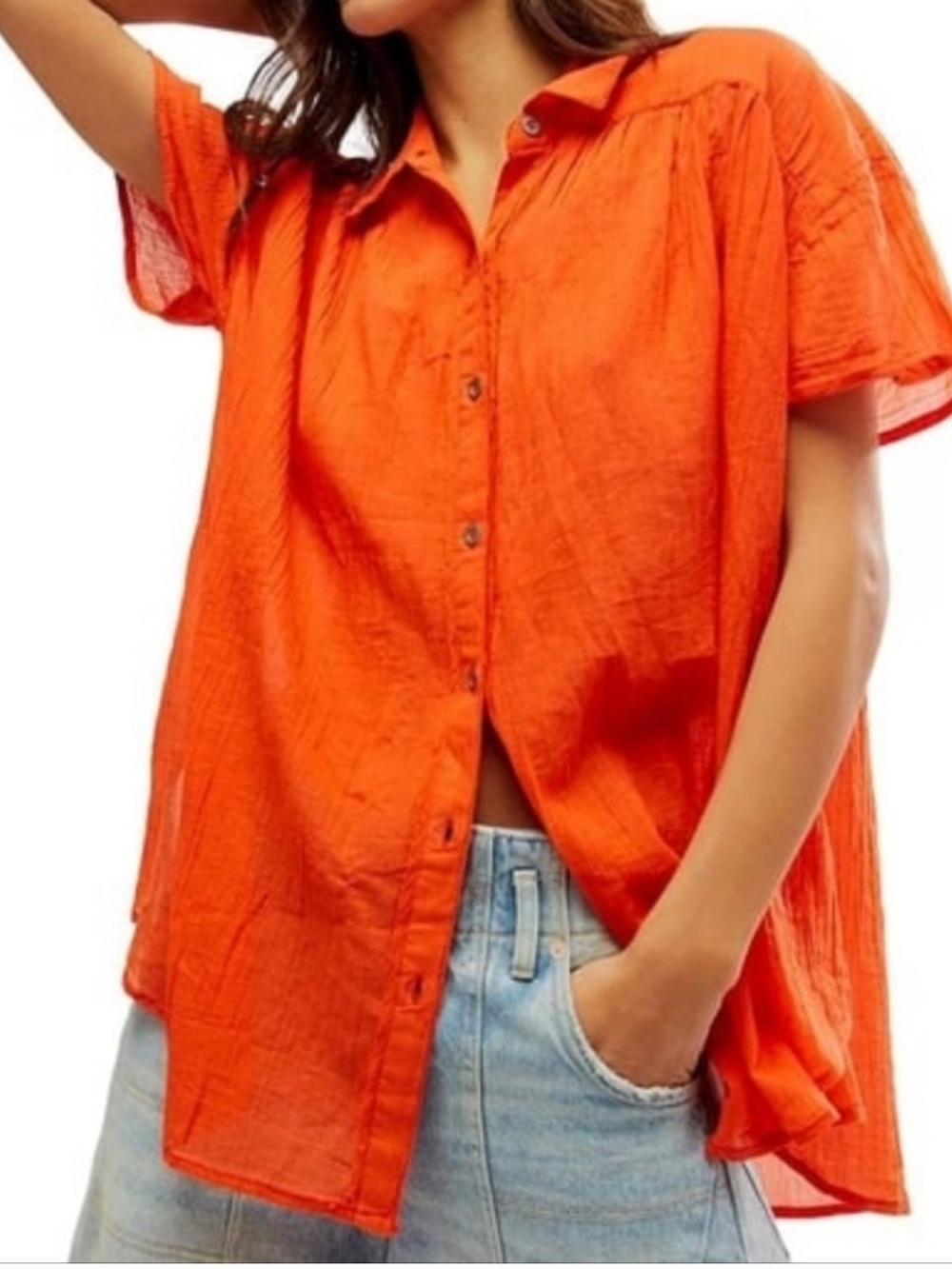 Free People Float Away Orange Button-Front Gauzy Short Sleeve Shirt, XS